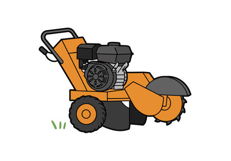 Stump grinder clipart. This image shows an orange and black stump grinder with a large cutting wheel and a handle. Vector illustration design.のイラスト素材