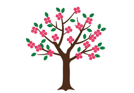 Japanese cherry blossom clip art. This image shows a stylized tree with pink cherry blossoms and green leaves on brown branches. Vector illustration design.のイラスト素材