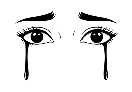 Crying eyes black white clipart. Two large, expressive eyes with long eyelashes and thick eyebrows, with black tears streaming down. Vector illustration design.のイラスト素材