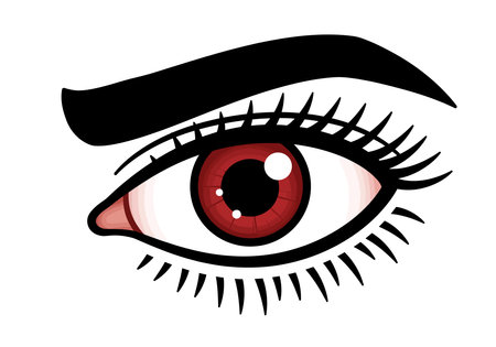 Creepy eye clipart. A stylized eye with a red iris, black pupil, and prominent eyelashes. Vector illustration design.のイラスト素材