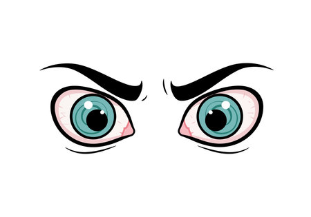 Crazy eyes clipart. This image shows a pair of wide-open eyes with teal irises, black pupils, and prominent black eyebrows. Vector illustration design.のイラスト素材