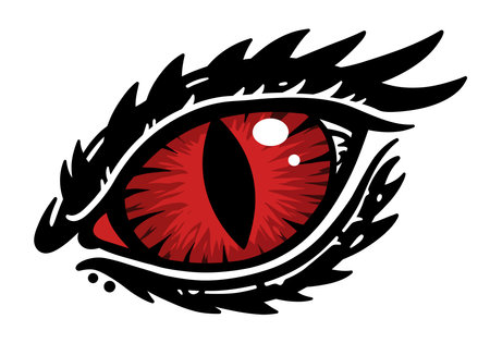 Dragon eye clip art. This image shows a stylized dragon eye with a red iris and black slit pupil, surrounded by black scales. Vector illustration design.のイラスト素材