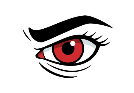 Angry eye clipart. Red eye with black eyebrow and lashes, bold and sharp lines. Vector illustration design.のイラスト素材