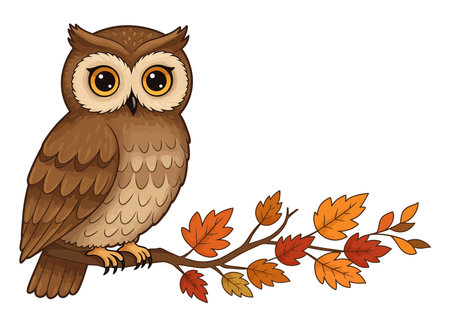 Owl on branch clipart illustration design. An owl with large eyes perched on a branch with autumn leaves and detailed feathers. Vector illustration design.のイラスト素材