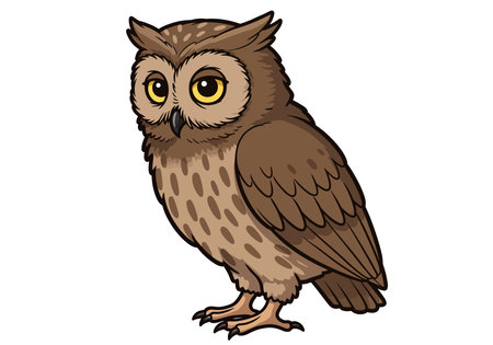 Ugle clipart illustration design. This image shows a detailed and cute cartoon-style owl with large yellow eyes and brown feathers. Vector illustration design.のイラスト素材