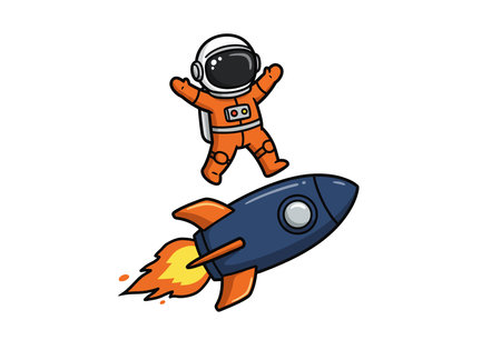 Cartoon astronaut clipart illustration design. An astronaut in an orange spacesuit is floating above a blue rocket with flames. Vector illustration design.のイラスト素材