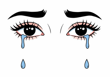 Crying eyes clipart. This image shows a pair of eyes with tears falling down, featuring detailed lashes and brows. Vector illustration design.のイラスト素材