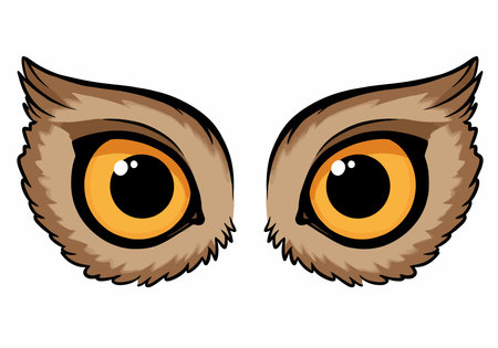 Owl eye clipart. This image shows two large owl eyes with yellow irises, black pupils, and surrounding brown feathers. Vector illustration design.のイラスト素材