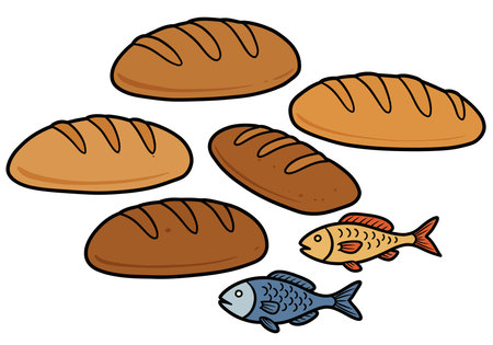 5 loaves and 2 fish clipart. This image shows five loaves of bread and two fish. Vector illustration design.のイラスト素材