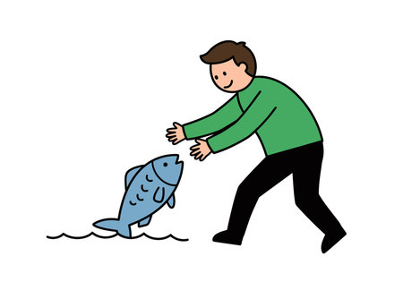 Catching fish clip art. A person in a green shirt and black pants is reaching out to catch a large blue fish jumping out of the water. Vector illustration design.のイラスト素材