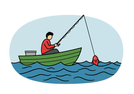 Boat fishing clipart. A person is fishing from a green boat in the water, catching a red fish. Vector illustration design.のイラスト素材