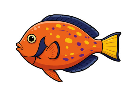 Clip art tropical fish. Bright orange fish with yellow and purple spots, dark blue fins, and a yellow tail. Vector illustration design.のイラスト素材