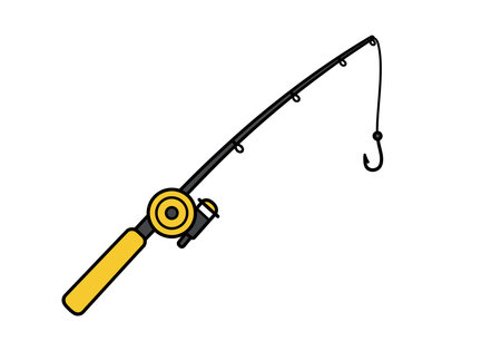 Clip art fishing pole. This image shows a yellow and black fishing pole with a reel and a hook at the end of the line. Vector illustration design.のイラスト素材