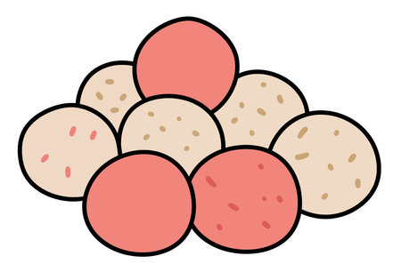 Fishball clipart. A pile of pink and beige fishballs with dotted textures arranged in a neat group. Vector illustration design.のイラスト素材