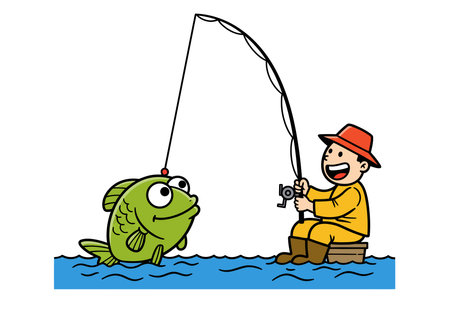 Funny fishing clip art. A person in a yellow outfit and red hat is fishing from a small wooden platform, catching a large green fish. Vector illustration design.のイラスト素材