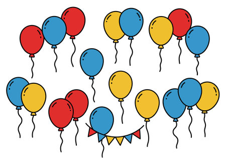 Birthday balloon clip art. This image shows colorful balloons in red, blue, and yellow with a small banner, perfect for festive designs. Vector illustration design.のイラスト素材