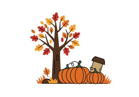 Clip art fall. A tree with red, orange, and yellow leaves, pumpkins, and a birdhouse. Vector illustration design.のイラスト素材