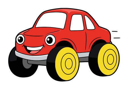 Car Toy Clipart. A red cartoon car with a smiling face and large yellow wheels. Vector illustration design.のイラスト素材