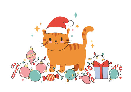 Cat Christmas Clip Art. Cute cat wearing Santa hat with Christmas decorations. Vector illustration design.のイラスト素材