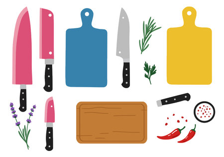 Culinary Clipart. Knives, cutting boards, herbs, and spices. Vector illustration design.のイラスト素材