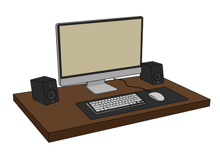 Desktop Clipart. This image shows a computer setup with a monitor, keyboard, mouse, and speakers. Vector illustration design.のイラスト素材