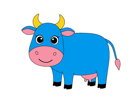 Blue Cow Clipart. Blue cow with yellow horns and pink face smiling. Vector illustration design.のイラスト素材