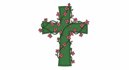 Flower Cross Clipart. A green cross with pink flowers and vines wrapped around it. Vector illustration design.のイラスト素材