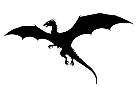 Dragon Silhouette Clip Art. A dragon with outstretched wings in a black silhouette. Vector illustration design.のイラスト素材