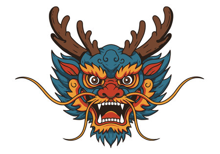 Chinese Dragon Head Clip Art. This image shows a colorful and fierce dragon head with antlers and whiskers. Vector illustration design.のイラスト素材