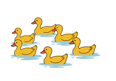 Clipart of Ducks. Six yellow ducks with orange beaks swimming in blue water. Vector illustration design.のイラスト素材
