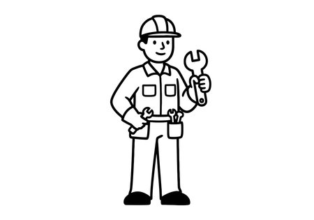 Construction worker with wrench. Vector illustration in outline style on white background.のイラスト素材