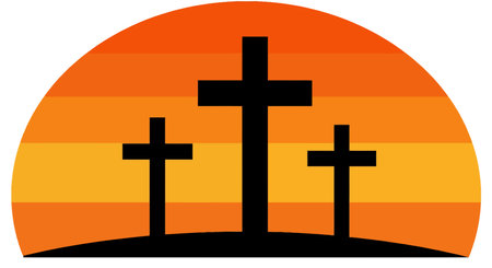 3 Cross Clip Art. Three crosses on a hill with a sunset background. Vector illustration design.のイラスト素材