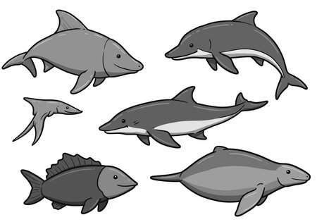 Clipart water animals. This image shows various aquatic animals including dolphins and fish. Vector illustration design.のイラスト素材