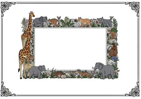 Animal border clip art. This image shows a rectangular border decorated with various animals and plants. Vector illustration design.のイラスト素材