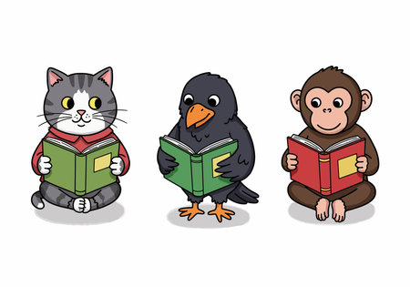 Animals reading clipart. Three animals are sitting while reading books in a lively, colorful setting. Vector illustration design.のイラスト素材