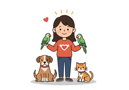 Animal lover clipart. A girl is standing with two parrots on her hands, a dog, and a cat beside her. Vector illustration design.のイラスト素材