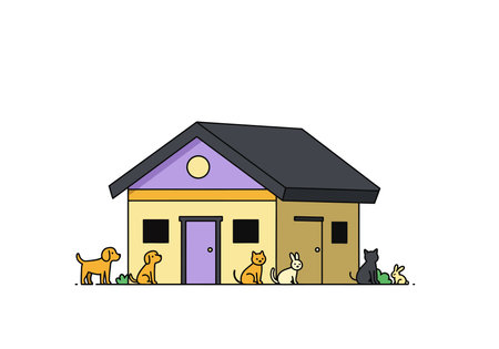 Animal shelter clipart. This image shows a house with a black roof and purple and yellow walls, surrounded by various animals including dogs, cats, and rabbits. Vector illustration design.のイラスト素材