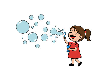 Bubble blowing clipart. A girl in a red dress is blowing bubbles with a wand and a container of soap. Vector illustration design.のイラスト素材