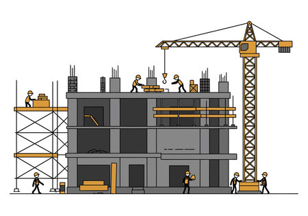 Building under construction clipart. Construction workers, crane, scaffolding, building materials. Vector illustration design.のイラスト素材