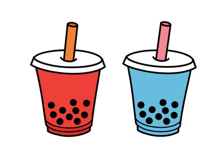 Boba tea clip art. Two cups of boba tea, one red with an orange straw and one blue with a pink straw, each with black tapioca pearls. Vector illustration design.のイラスト素材