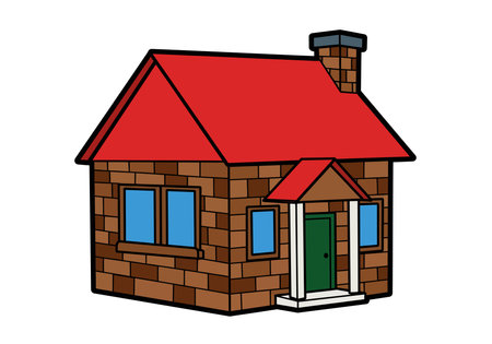 Brick house clipart. A house with a red roof, brown brick walls, blue windows, and a green door. Vector illustration design.のイラスト素材