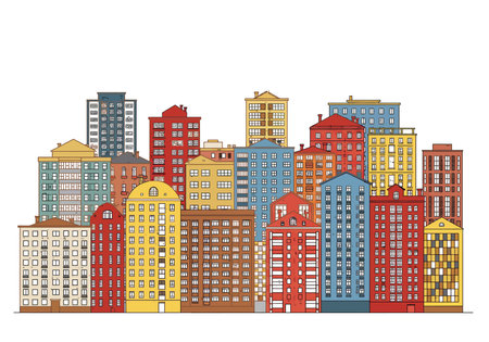 Clipart of apartment buildings. Colorful and diverse apartment buildings in an urban cityscape. Vector illustration design.のイラスト素材