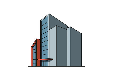 Business building clip art. This image shows a modern, multi-story office building with a mix of red and blue-gray colors. Vector illustration design.のイラスト素材