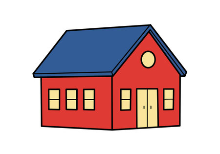 Clipart schoolhouse. This image shows a red schoolhouse with a blue roof, yellow windows, and doors. Vector illustration design.のイラスト素材