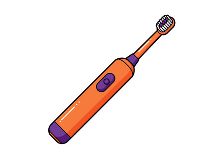 Electric toothbrush clipart. This image shows an orange and purple electric toothbrush with a button on the handle and bristles at the top. Vector illustration design.のイラスト素材