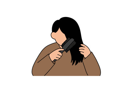 Clip art hair brush. A woman is brushing her long black hair with a hairbrush. Vector illustration design.のイラスト素材