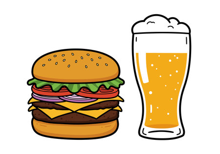 Burger and beer clipart. A burger with cheese, lettuce, tomato, and onion next to a glass of foamy beer. Vector illustration design.のイラスト素材