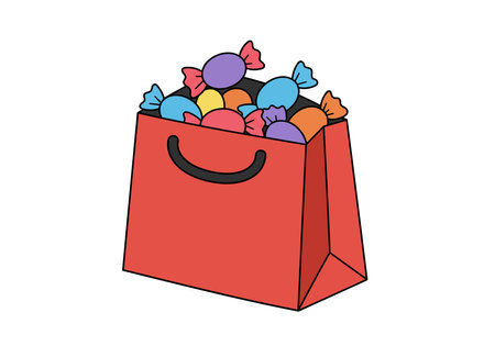 Candy bag clipart. A red bag filled with colorful wrapped candies. Vector illustration design.のイラスト素材