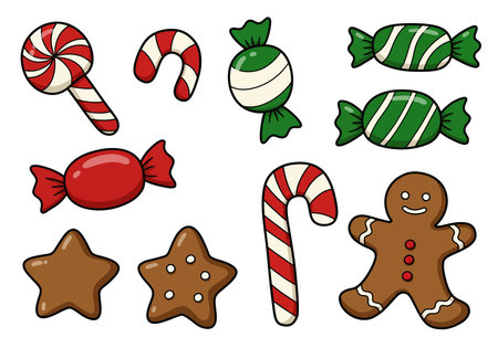 Candy Christmas clipart. Various festive candies and cookies in red, green, and white colors. Vector illustration design.のイラスト素材