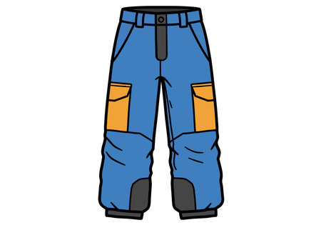 Snow pants clip art. Blue snow pants with orange pockets and black accents. Vector illustration design.のイラスト素材
